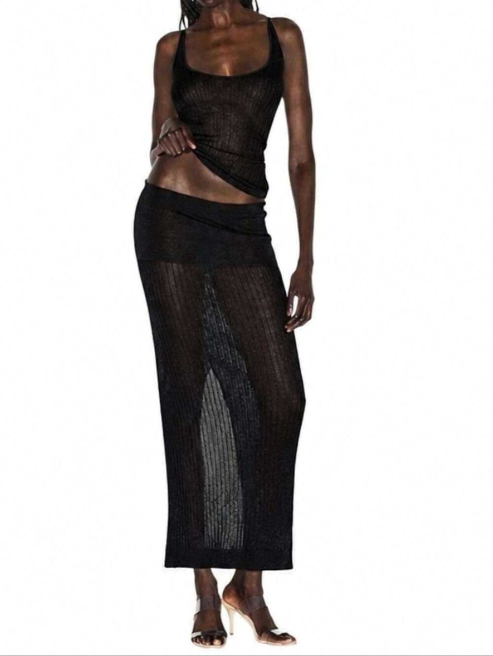 SKIMS 2 PC Sheer Plunge Top & Long Skirt Set
